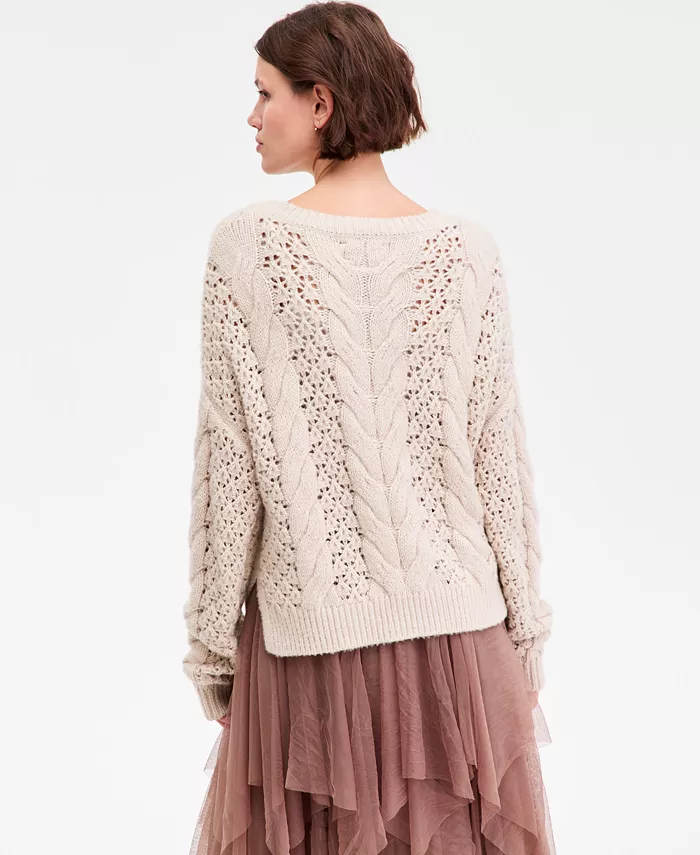 Women's Pointelle Cable Crew Neck Sweater - thumbnail 2