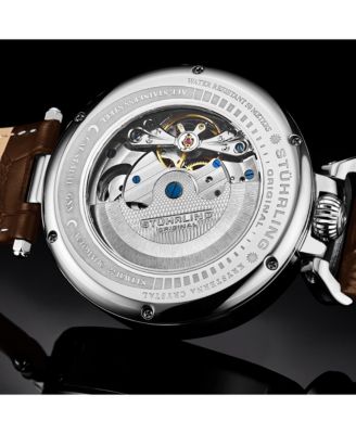 Men's Automatic Dual Time Alloy Case Skeleton Dial Alligator Embossed Genuine Leather Strap Watch