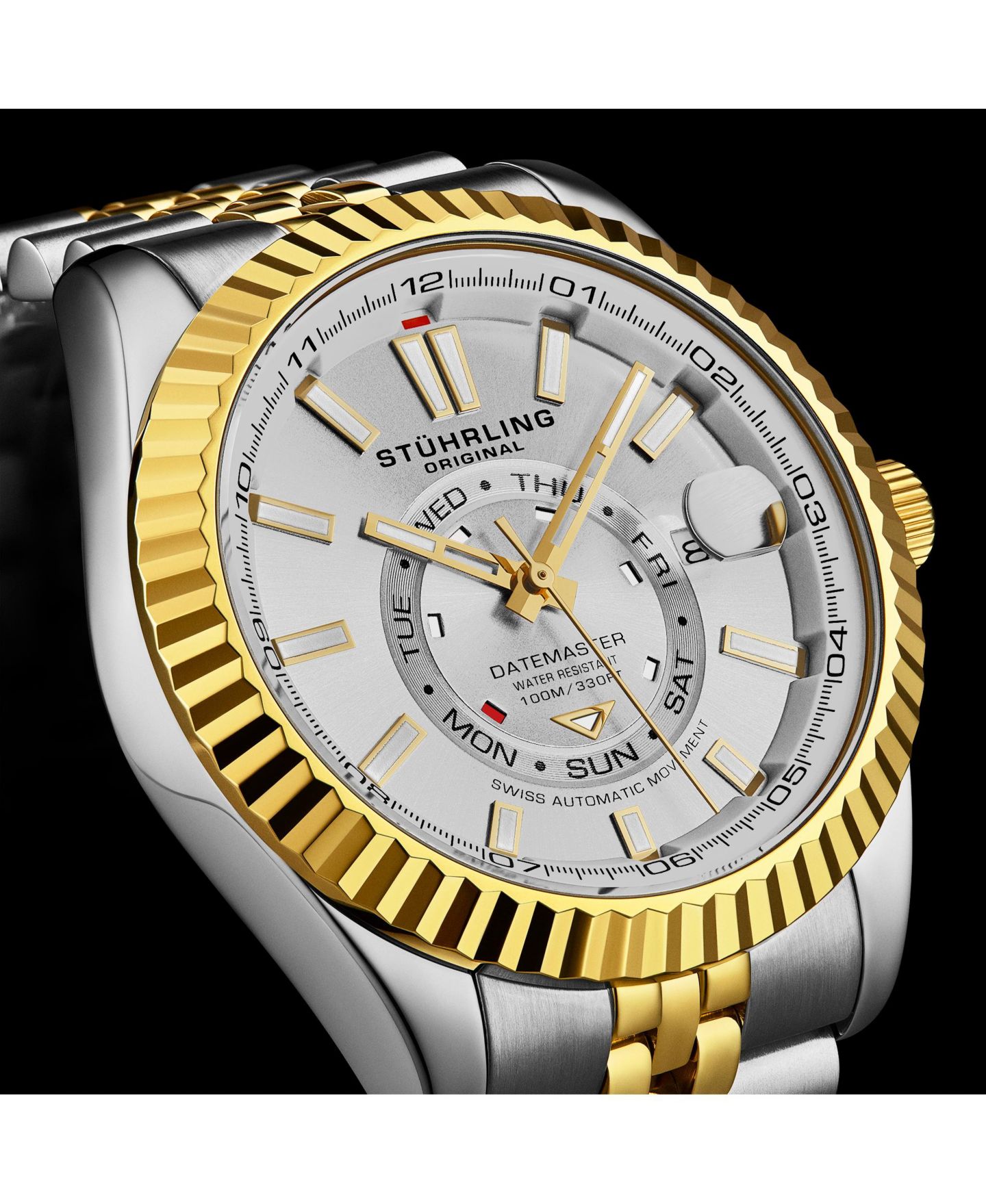 Мужские часы Stuhrling Datemaster II Swiss Automatic 42mm Two-Tone Stainless Steel Watch, Silver Dial, Fluted Bezel, Day & Date, 100M Water Resistant — фото 2