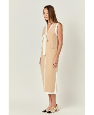 Women's Knit Midi Dress With Ribbon Tie