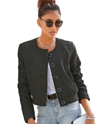 Women's Round Neckline Button Up Tweed Jacket