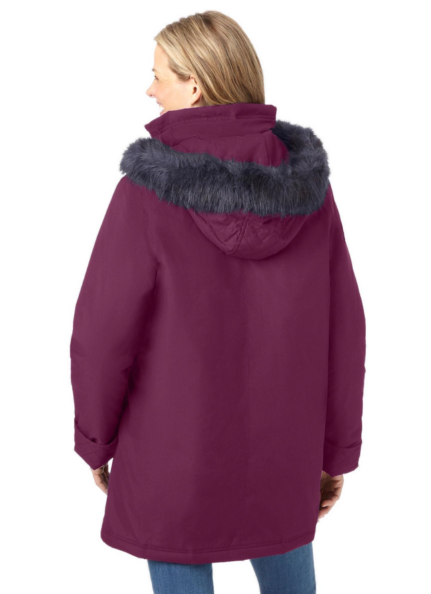 Женская куртка Woman Within Plus Size Faux Fur Down Parka, цвет: Глубокий бордово-красный — фото 2