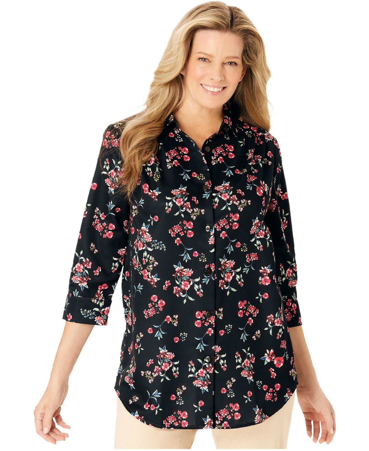 Женская рубашка Woman Within Plus Size No Iron Three-Quarter Sleeve Peachskin, цвет: Чёрный с принтом — фото 1