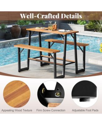 Patio Picnic Table Bench Set with Acacia Wood Tabletop Benchtop Built-in Footrests