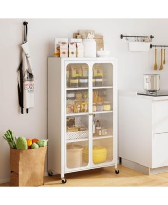 Storage Cabinet with Wheels & 2 Translucent Doors Adjustable Shelves Sideboard