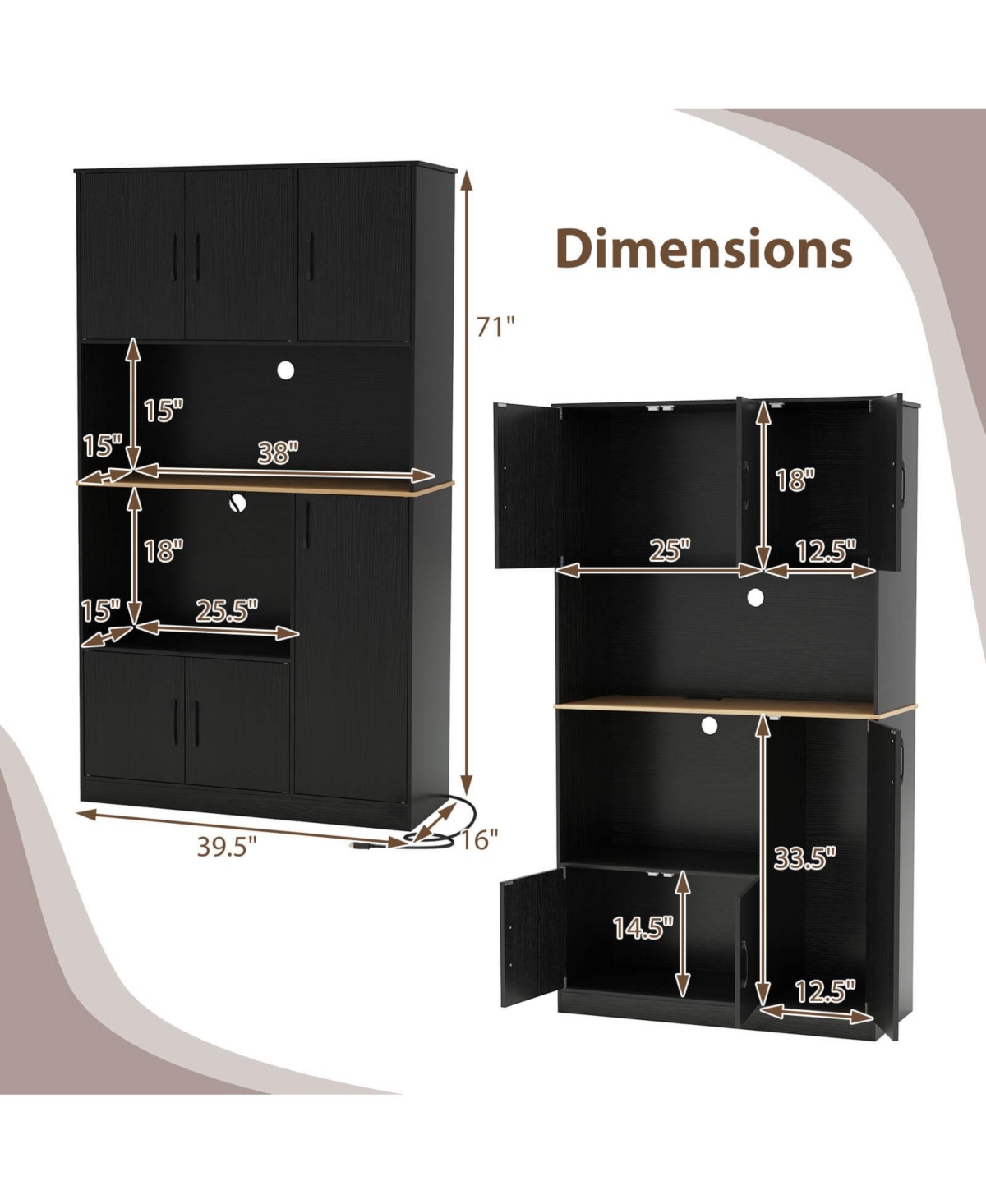 Costway 71" Tall Kitchen Pantry Cabinet with Charging Station Microwave Stand & Doors
