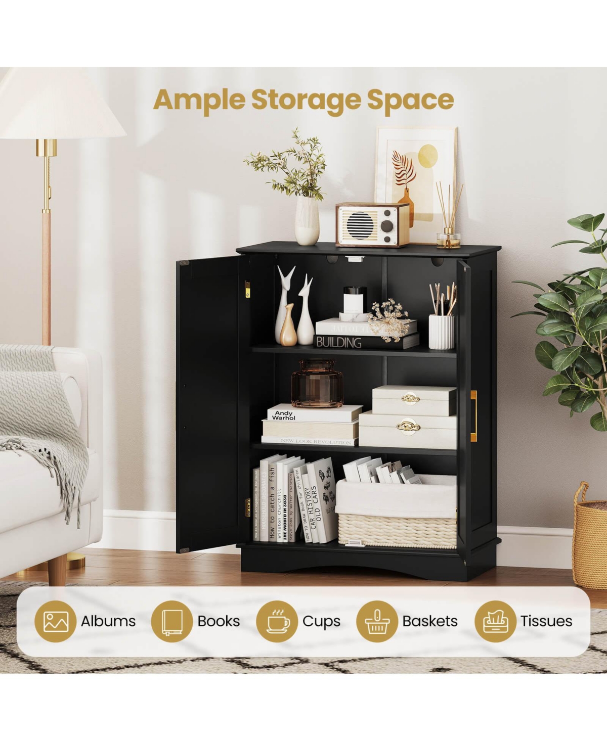 Costway Floor Storage Cabinet Modern Organizer with Adjustable Shelves &2 Doors