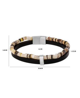Mens Layered Bracelet with Wood Beads and Leather Strap - 8.5''