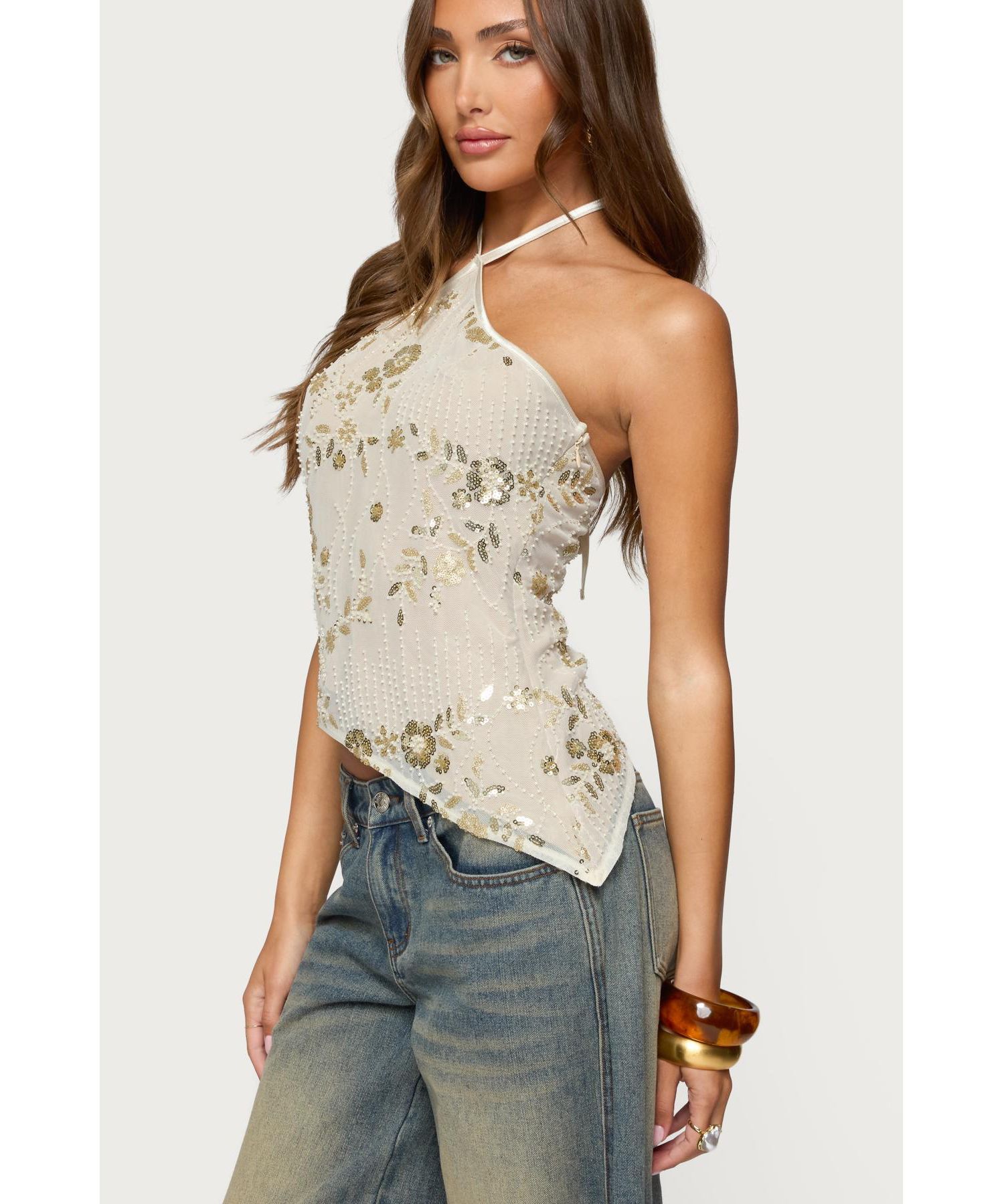 Womens Beaded Sequin Asymmetric Halter Top