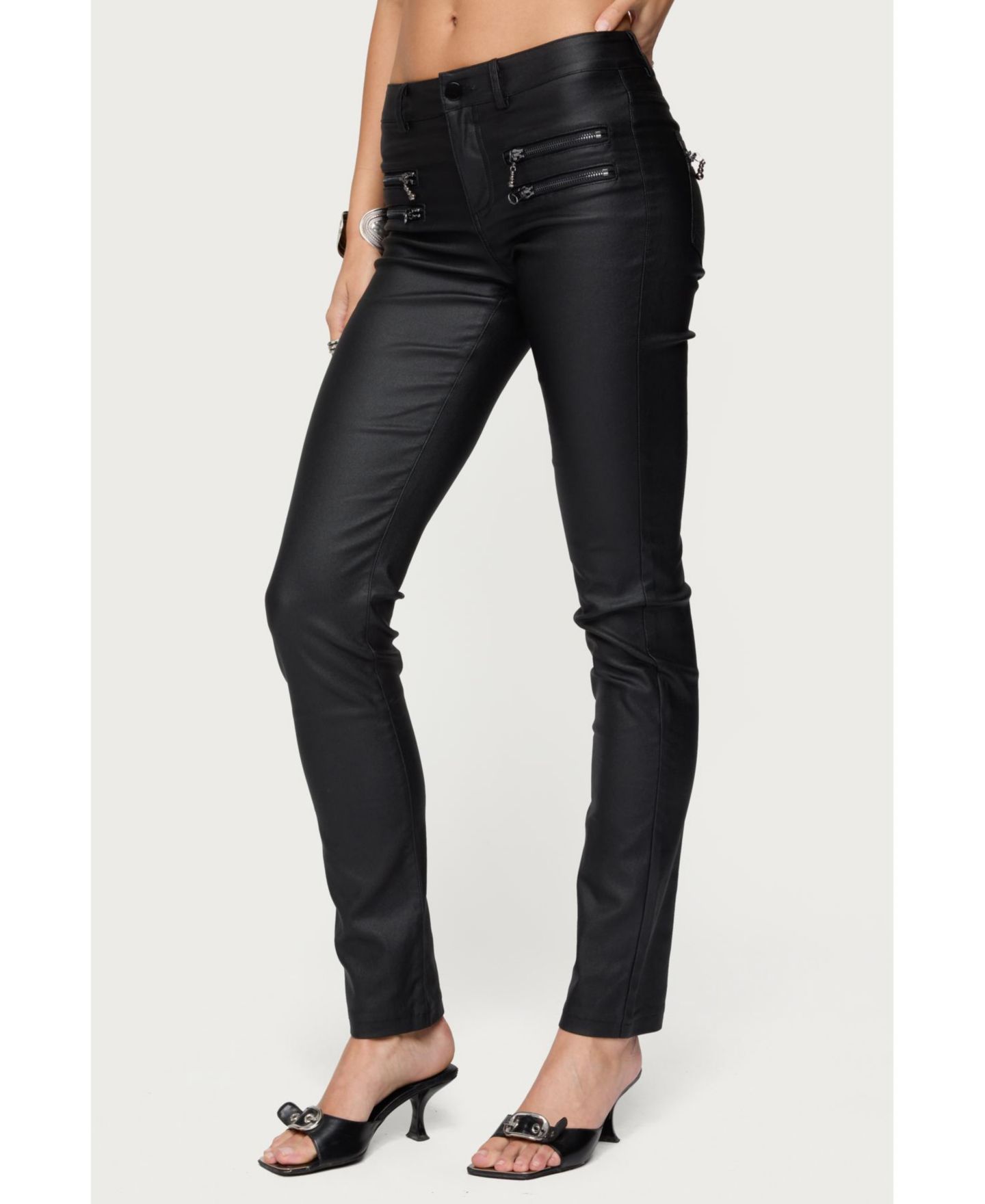 Женские джинсы Edikted Kaede Faux Leather Skinny, цвет: Чёрный — фото 4