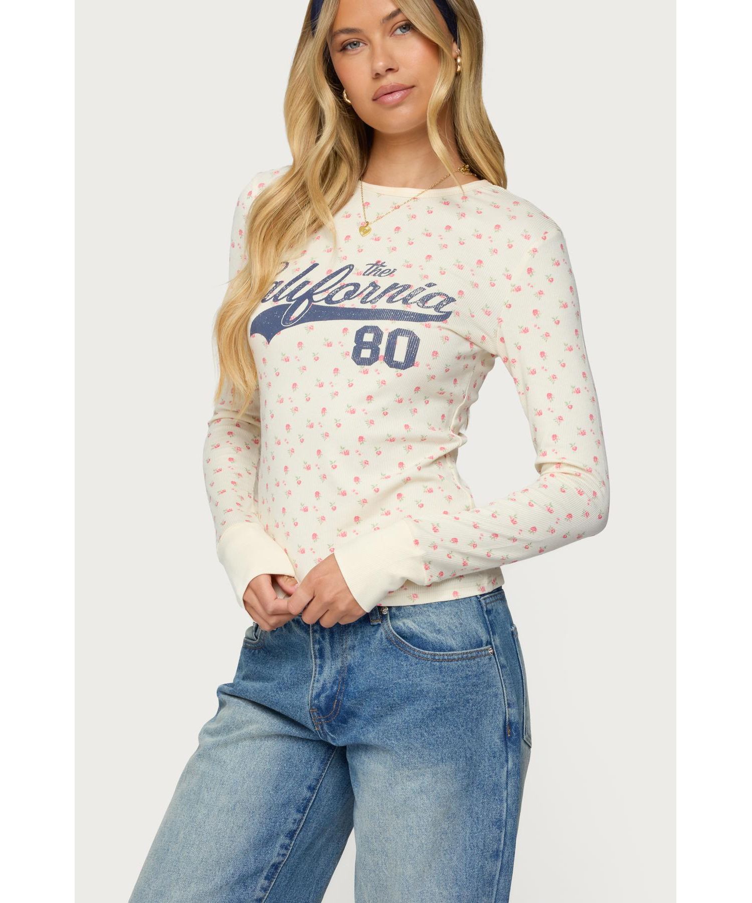 Womens Cali Floral Ribbed Long Sleeve T Shirt