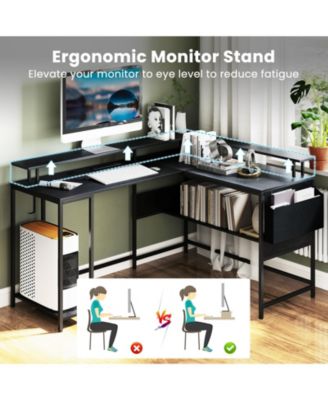 L-Shaped Gaming Desk w/ LED Lights & Power Outlets Monitor Stand Fabric Bag