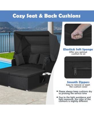 Patio Rattan Daybed Lounge Retractable Top Canopy Side Tables Cushions Outdoor