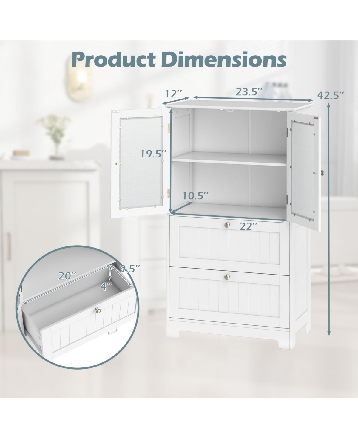 Gymax Bathroom Floor Storage Cabinet Freestanding Cupboard Pantry w/ 2 Drawers