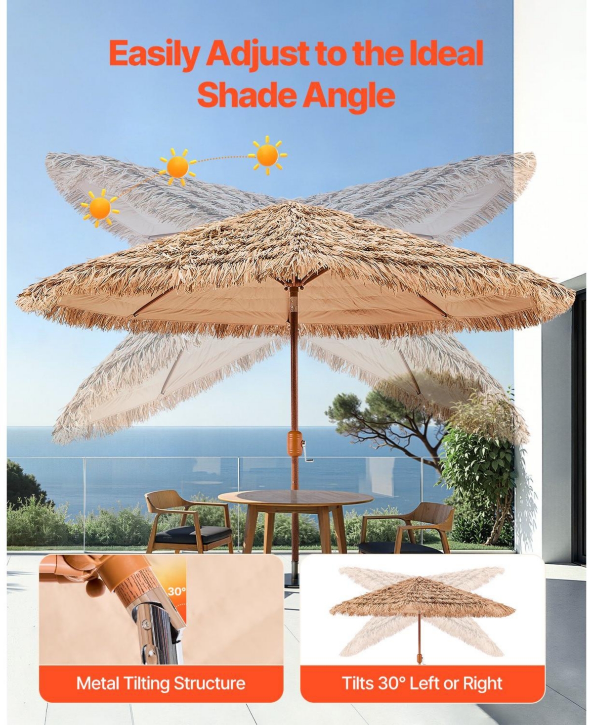 Slickblue Tiki Thatched Patio Umbrella for Poolside Garden or Beach Shade