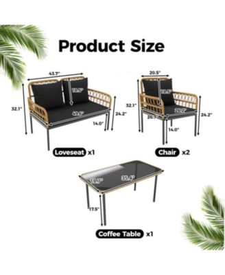 4 Pieces Patio Furniture Sets Wicker Outdoor Patio Table and Chairs Set with Glass Side Table, Loveseat Chairs, Boho Rattan Conversation Sets for Bistro, Apartment, Backyard, Porch, Black