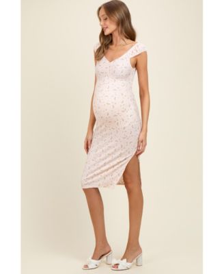 Maternity Pink Floral Ditsy Cap Sleeve Side Slit Midi Dress