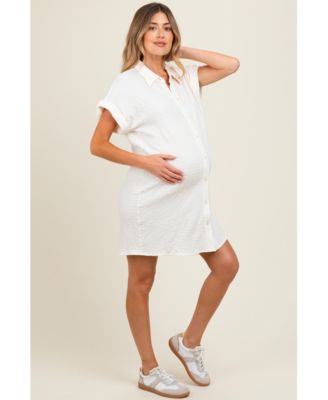Ivory Textured Short Sleeve Button Down Maternity Shirt Dress