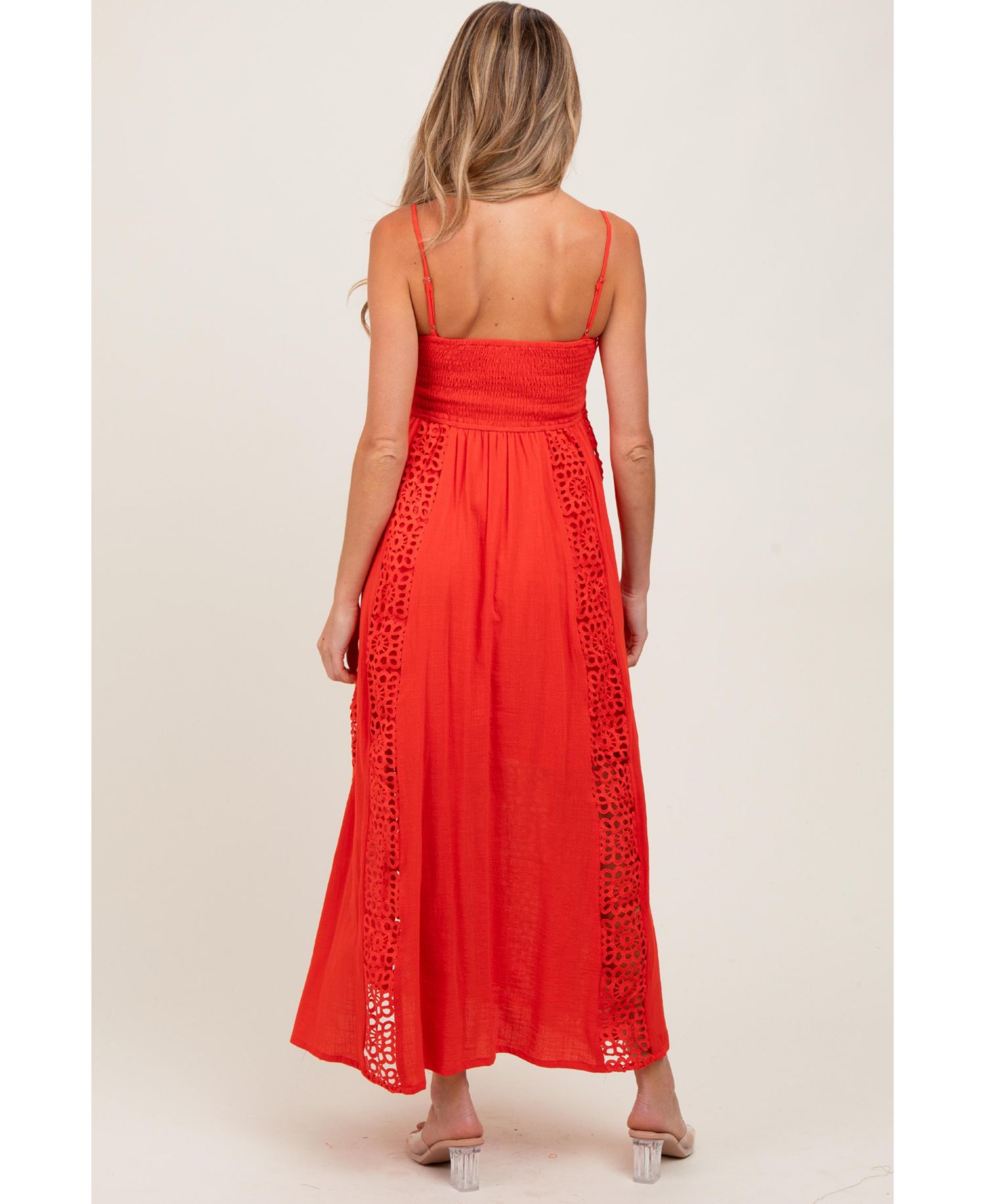 Women's Coral Red Crochet Lace Paneled Maxi Dress