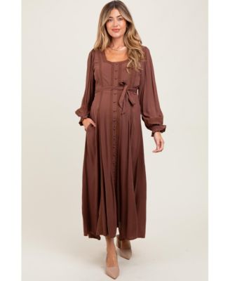Brown Lace Detail Button Down Maternity Maxi Dress