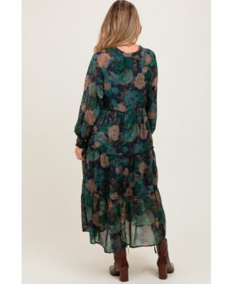 Maternity Beige Floral Chiffon Ruffle Tiered Midi Dress