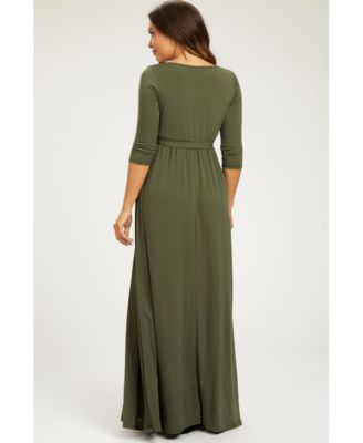 Burgundy Draped 3/4 Sleeve Maternity Maxi Dress