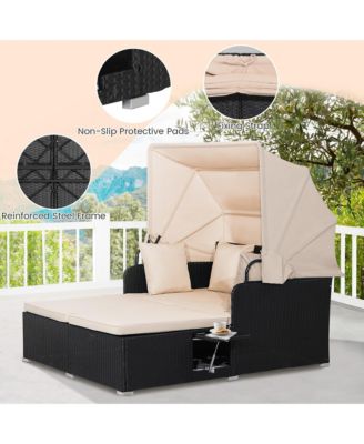 Patio Rattan Daybed Lounge Retractable Top Canopy Side Tables Cushions