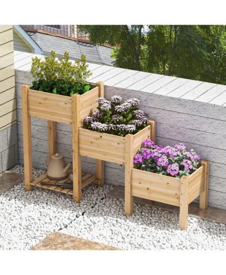 3-Tier Wooden Garden Bed Elevated Planter w/ 3 Planter Boxes, Open Storage Shelf
