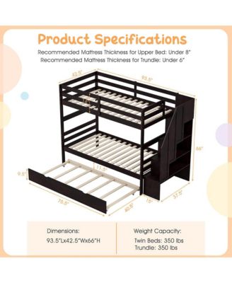 Twin over Twin Wooden Bunk Bed w/ Trundle Storage Stairs Convertible