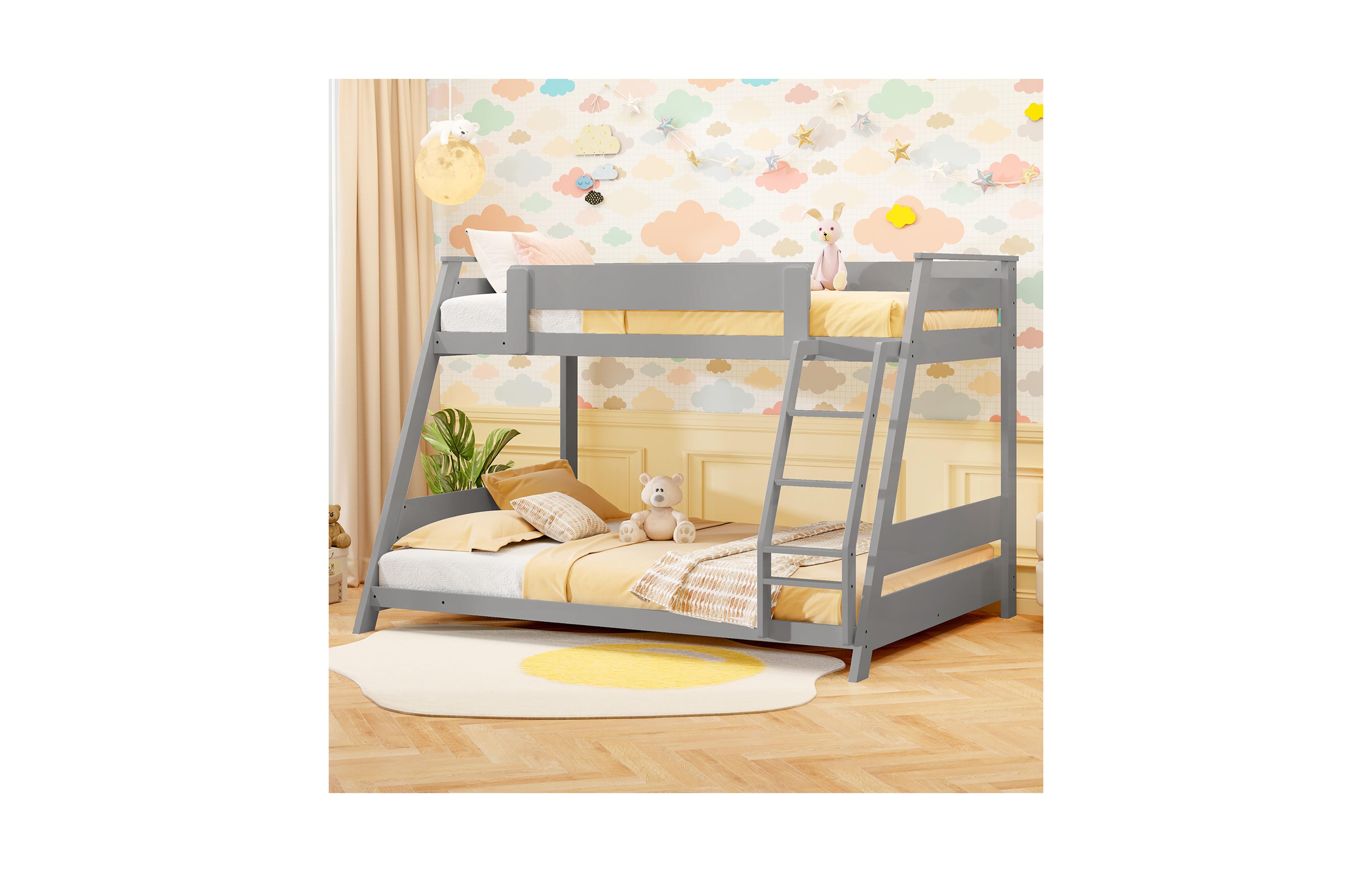 Gymax Twin Over Full Low Bunk Bed Solid Wooden Floor Bunk Bed w/ Reversible Ladder White