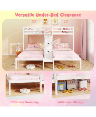 Wooden Twin Over Twin & Twin Bunk Bed w/ 4-Step Storage Staircase Guardrail
