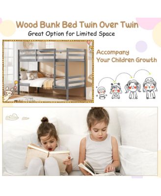 Twin Over Twin Wood Bunk Beds W/Ladder & Safety Rail Pine Wood Bunk Bed