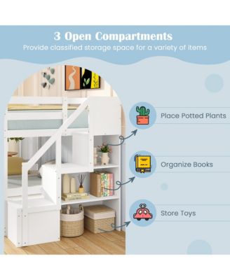 Twin Over Full Low Bunk Bed w/ Storage Stairs w/ Full-length Guardrails