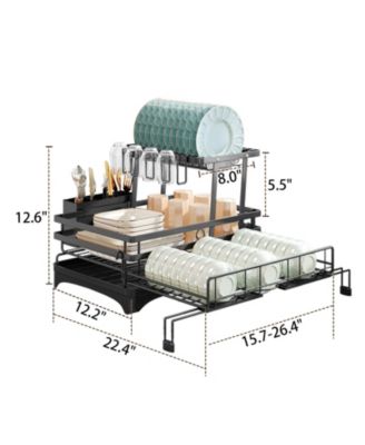 Dish Drying Rack,Extendable Dish Rack with Cutlery Holder, Anti-Rust Black Dish Racks for Kitchen Counter
