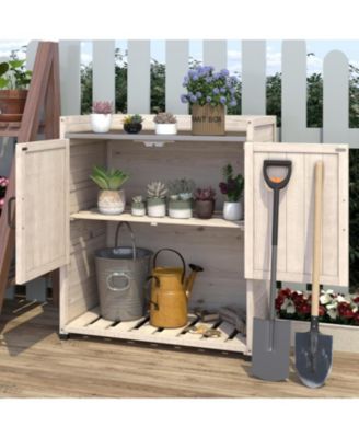 Potting Bench, Outdoor Wooden Storage Cabinet with Adjustable Shelf, Metal Tabletop