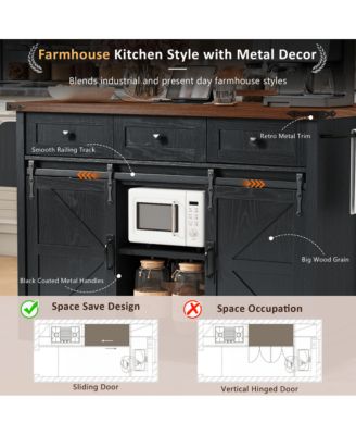 53.7" Farmhouse Kitchen Island with Drop Leaf, Power Outlet, Barn Doors & Drawers, Rolling Storage Cart