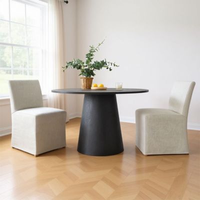 3 Pc. Wood Boucle Upholstered Removable Slipcover Pedestal Base Round Table Dining Room Set