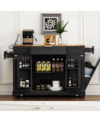 Rolling Kitchen Island with Trash Bin Cabinet, Power Outlet, 3 Drawers, Side Spice Racks, Solid Wood Top, Lockable Wheels