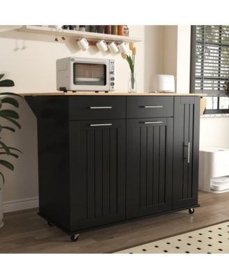 46" Rubberwood Top Rolling Kitchen Island Cart with Drop Leaf, 3-Tier Pull-Out Organizer and Hidden Door Racks