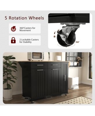 46" Rubberwood Top Rolling Kitchen Island Cart with Drop Leaf, 3-Tier Pull-Out Organizer and Hidden Door Racks