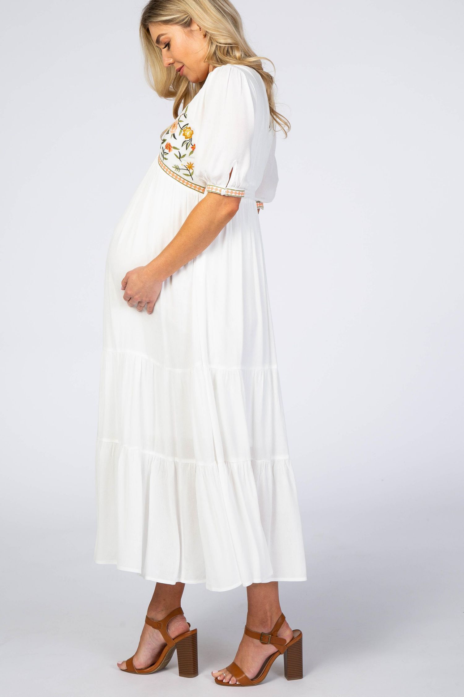 Women's Ivory Floral Embroidered Midi Dress