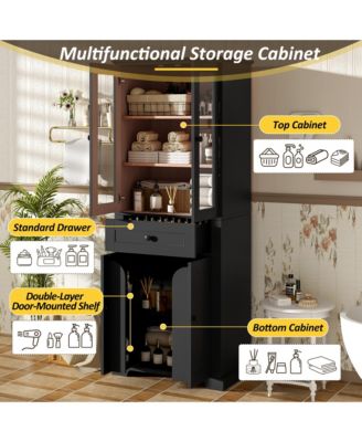 67.2" Tall Bathroom Storage Cabinet with Tempered Glass Doors, Adjustable Shelves, Drawer and Soft-Close Design