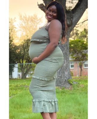 Olive Satin Smocked Fitted Maternity Maxi Dress