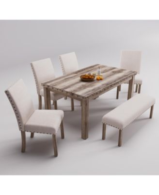 Dining Table Set for 6, 6 Piece Farmhouse Dining Set, Country Style Kitchen Table, 4 Upholstered Chairs & Bench