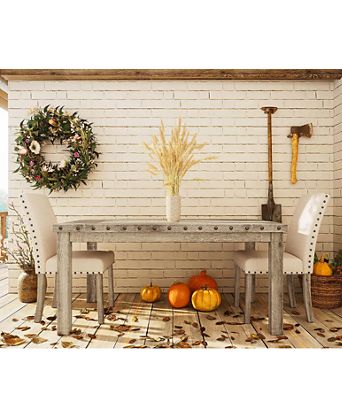 3-Pieces Rustic Rectangular Wooden Top Dining Table Set with 2 Linen Upholstered Chair