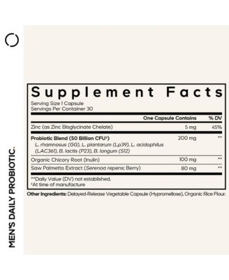 Men s Daily Probiotic Supplement - 50 Billion CFU Probiotic Blend with Zinc, Inulin Prebiotic, Men s Wellness Support, 30 Capsules