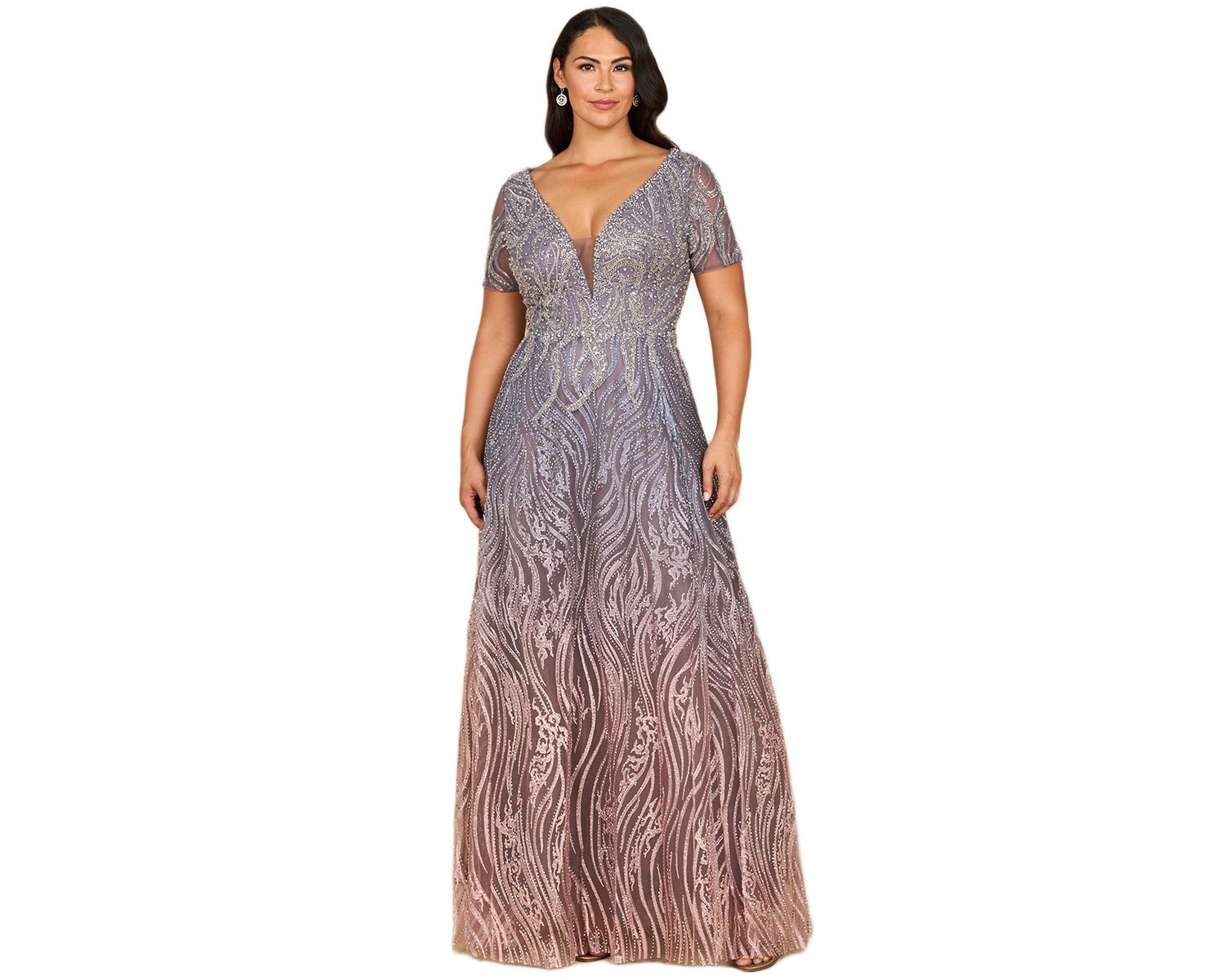 Women's Short Sleeve V-Neck Beaded Ballgown