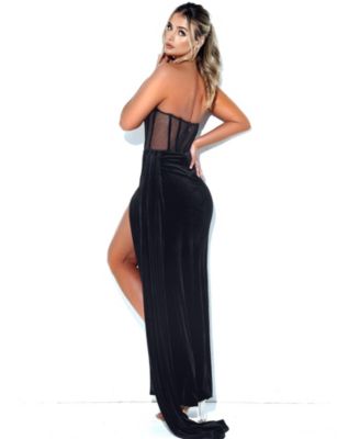 Women's Priya Black Draping Corset High Slit Velvet Gown
