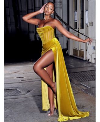 Women's Priya Gold Draping Corset High Slit Velvet Gown