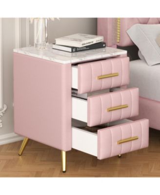  Upholstered Nightstand - 3 Drawers, Metal Legs & Marbling Top